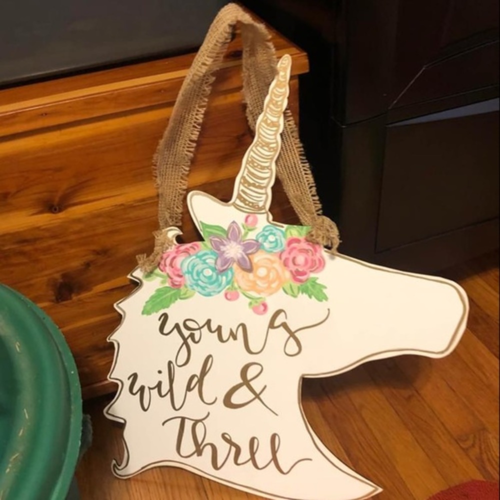 “Young, Wild, and Three” Unicorn 🦄 Door Hanger